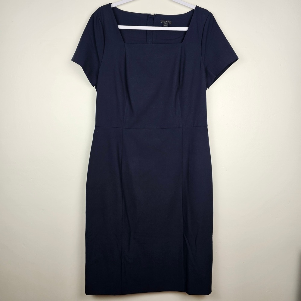 Ann Taylor Sheath Dress Women 10T Navy Blue Square Neck Short Sleeve Workwear